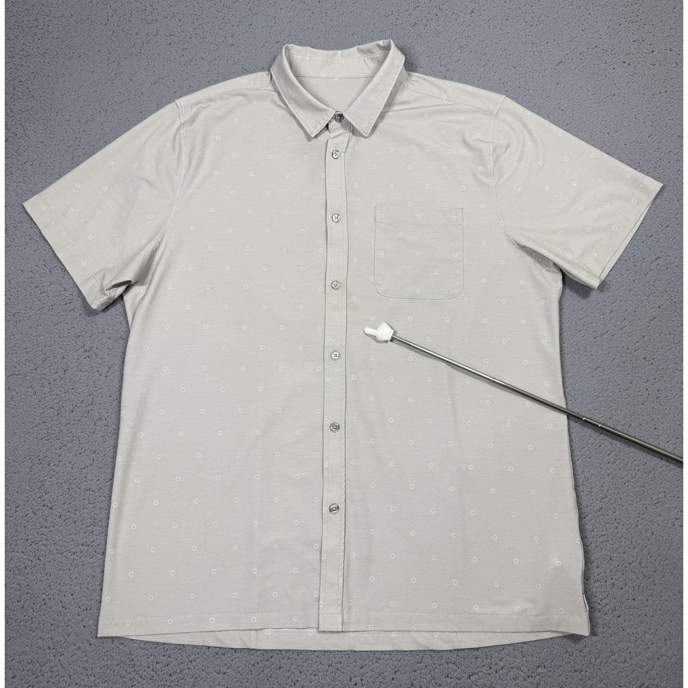 Vuori Bridge Shirt Mens XL Gray Polka Dot Short Sleeve Button Up Stretch Jersey